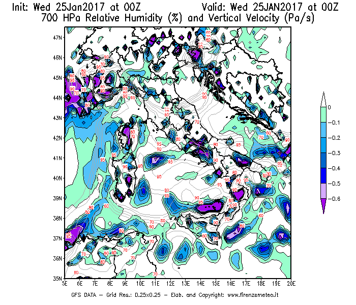Mappa di analisi GFS - Umidità relativa [%] e Omega [Pa/s] a 700 hPa in Italia
							del 25/01/2017 00 <!--googleoff: index-->UTC<!--googleon: index-->