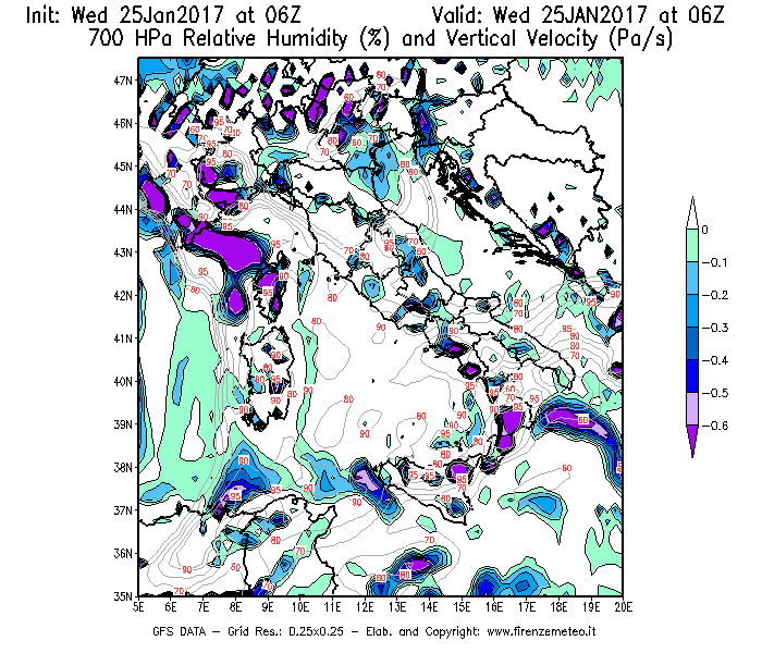 Mappa di analisi GFS - Umidità relativa [%] e Omega [Pa/s] a 700 hPa in Italia
							del 25/01/2017 06 <!--googleoff: index-->UTC<!--googleon: index-->
