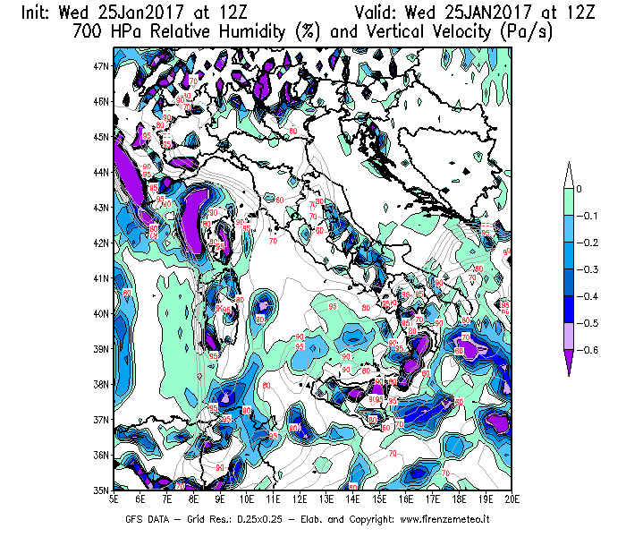 Mappa di analisi GFS - Umidità relativa [%] e Omega [Pa/s] a 700 hPa in Italia
							del 25/01/2017 12 <!--googleoff: index-->UTC<!--googleon: index-->