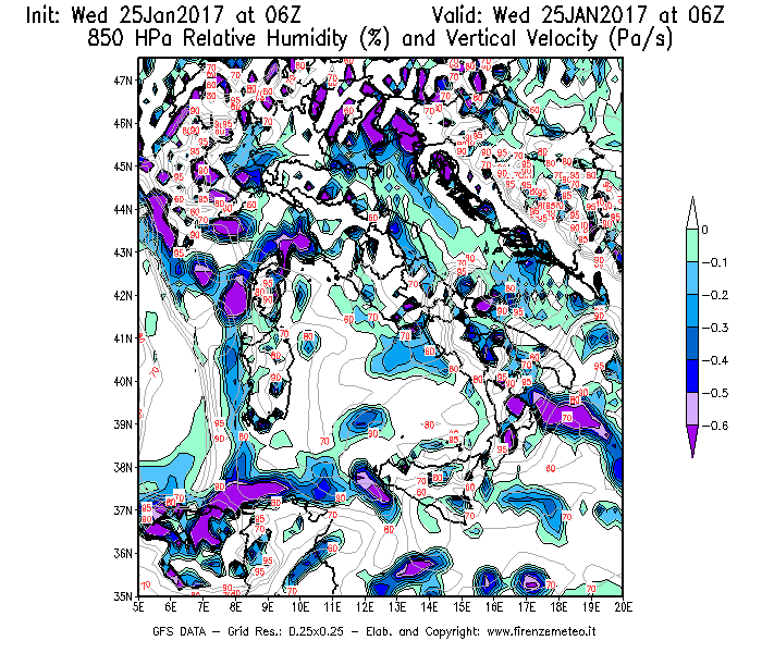 Mappa di analisi GFS - Umidità relativa [%] e Omega [Pa/s] a 850 hPa in Italia
							del 25/01/2017 06 <!--googleoff: index-->UTC<!--googleon: index-->