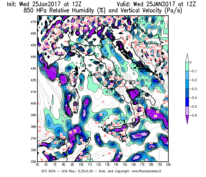 Mappa di analisi GFS - Umidità relativa [%] e Omega [Pa/s] a 850 hPa in Italia
							del 25/01/2017 12 <!--googleoff: index-->UTC<!--googleon: index-->