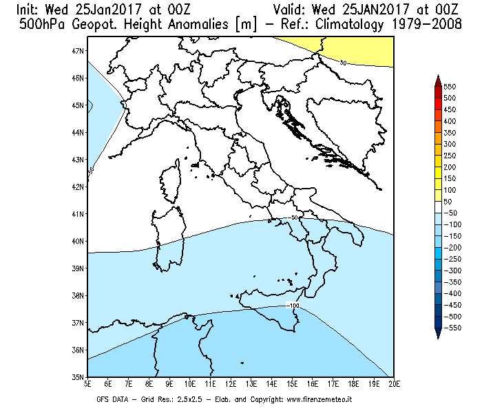 Mappa di analisi GFS - Anomalia di Geopotenziale a 500 hPa in Italia
							del 25/01/2017 00 <!--googleoff: index-->UTC<!--googleon: index-->