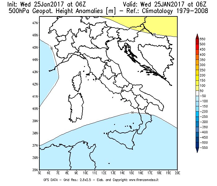 Mappa di analisi GFS - Anomalia di Geopotenziale a 500 hPa in Italia
							del 25/01/2017 06 <!--googleoff: index-->UTC<!--googleon: index-->