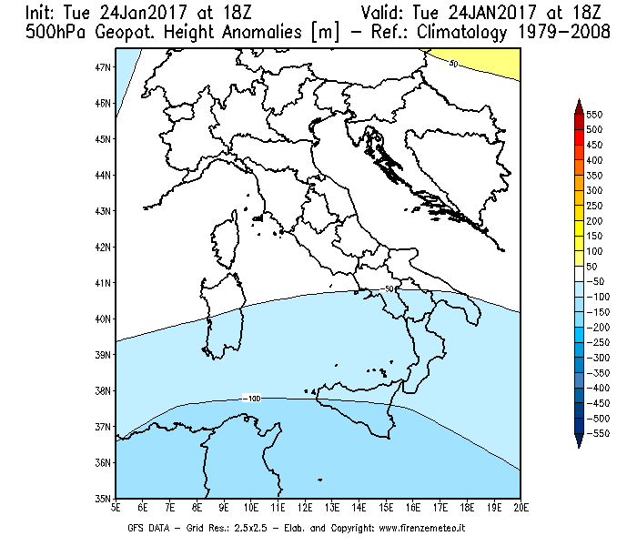Mappa di analisi GFS - Anomalia di Geopotenziale a 500 hPa in Italia
							del 25/01/2017 18 <!--googleoff: index-->UTC<!--googleon: index-->