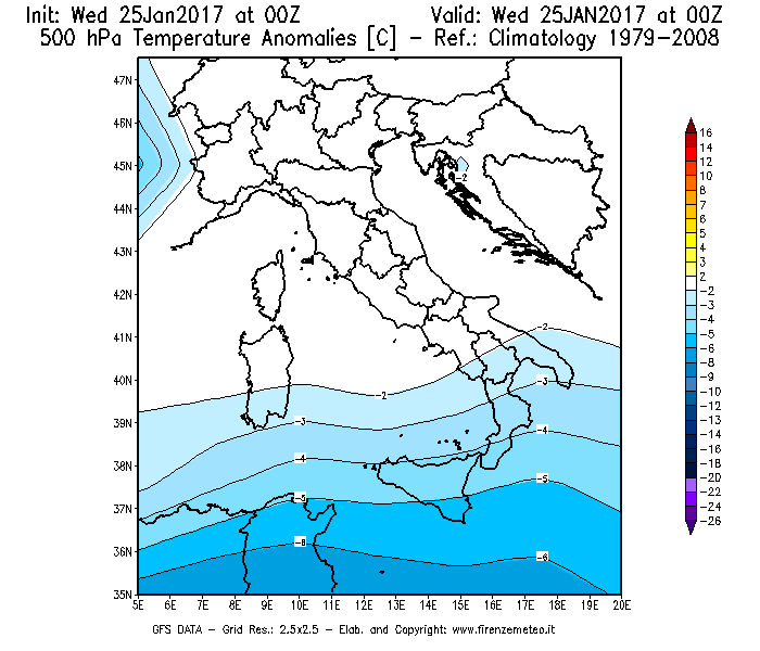 Mappa di analisi GFS - Anomalia Temperatura [°C] a 500 hPa in Italia
							del 25/01/2017 00 <!--googleoff: index-->UTC<!--googleon: index-->
