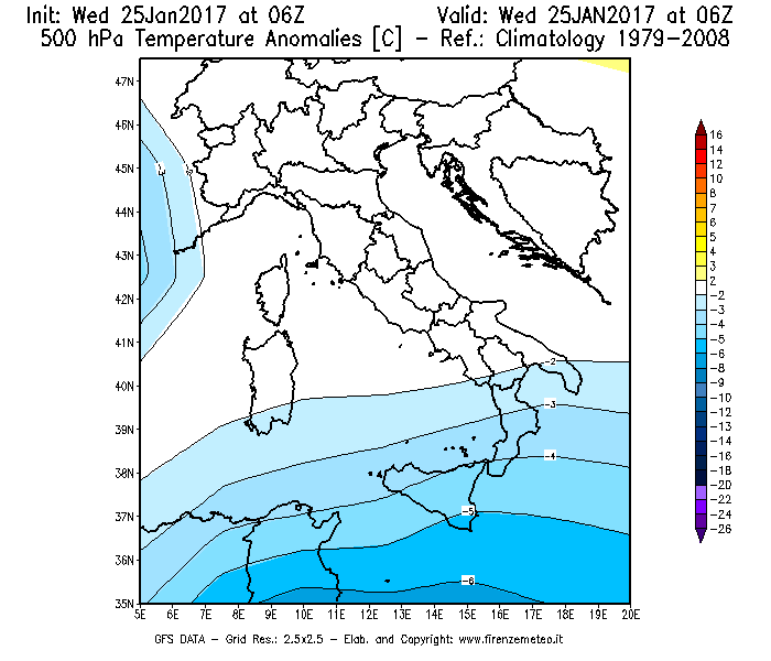 Mappa di analisi GFS - Anomalia Temperatura [°C] a 500 hPa in Italia
							del 25/01/2017 06 <!--googleoff: index-->UTC<!--googleon: index-->