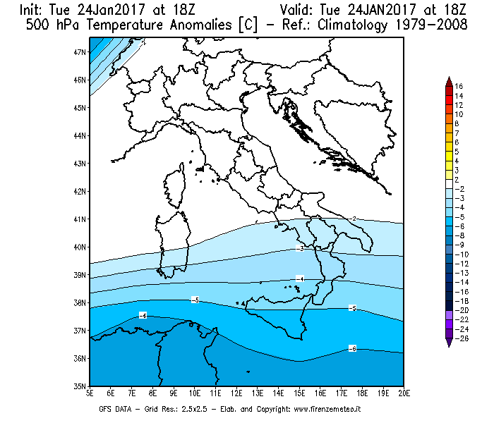 Mappa di analisi GFS - Anomalia Temperatura [°C] a 500 hPa in Italia
							del 25/01/2017 18 <!--googleoff: index-->UTC<!--googleon: index-->
