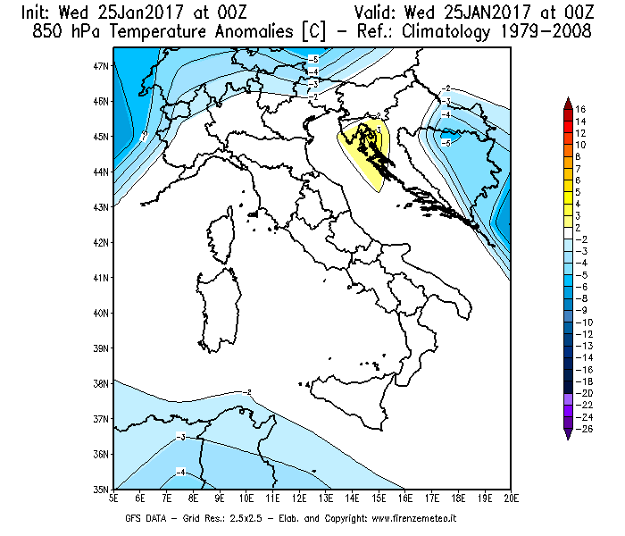 Mappa di analisi GFS - Anomalia Temperatura [°C] a 850 hPa in Italia
							del 25/01/2017 00 <!--googleoff: index-->UTC<!--googleon: index-->