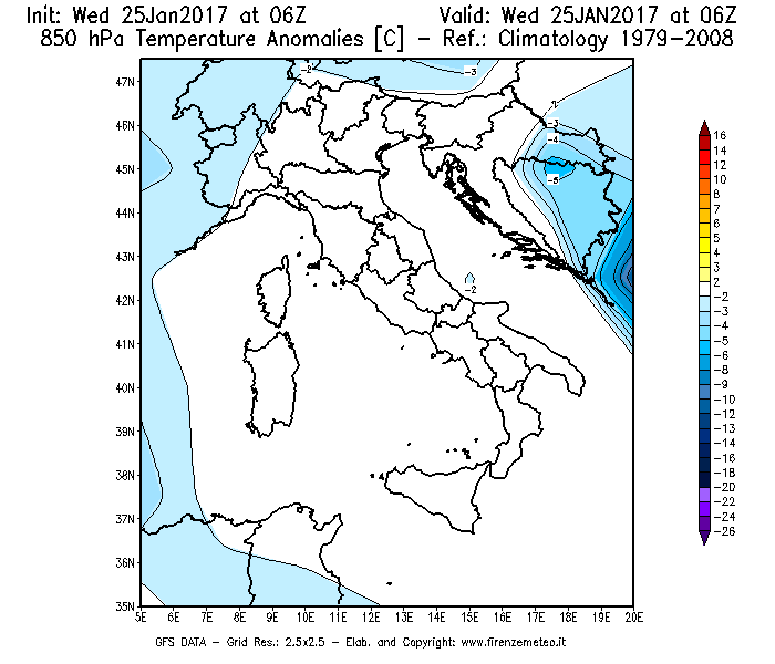 Mappa di analisi GFS - Anomalia Temperatura [°C] a 850 hPa in Italia
							del 25/01/2017 06 <!--googleoff: index-->UTC<!--googleon: index-->