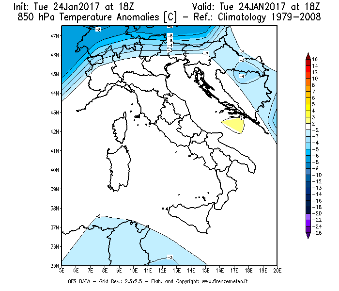 Mappa di analisi GFS - Anomalia Temperatura [°C] a 850 hPa in Italia
							del 25/01/2017 18 <!--googleoff: index-->UTC<!--googleon: index-->