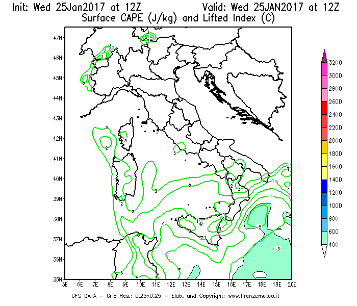 Mappa di analisi GFS - CAPE [J/kg] e Lifted Index [°C] in Italia
							del 25/01/2017 12 <!--googleoff: index-->UTC<!--googleon: index-->