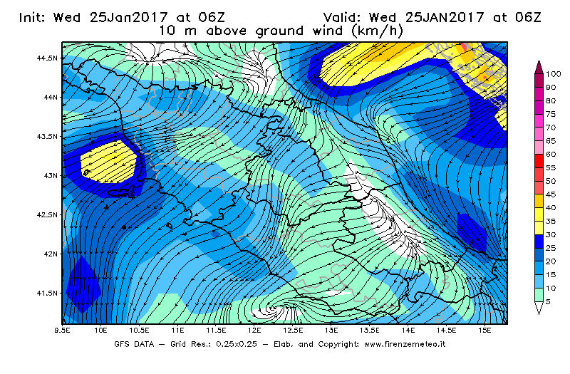 Mappa di analisi GFS - Velocità del vento a 10 metri dal suolo [km/h] in Centro-Italia
							del 25/01/2017 06 <!--googleoff: index-->UTC<!--googleon: index-->