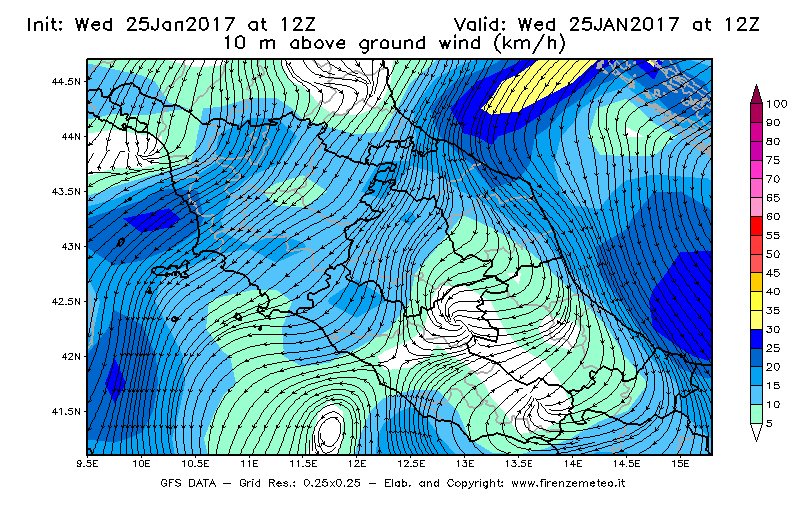 Mappa di analisi GFS - Velocità del vento a 10 metri dal suolo [km/h] in Centro-Italia
							del 25/01/2017 12 <!--googleoff: index-->UTC<!--googleon: index-->