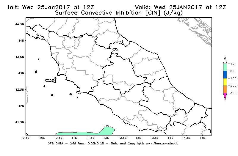 Mappa di analisi GFS - CIN [J/kg] in Centro-Italia
							del 25/01/2017 12 <!--googleoff: index-->UTC<!--googleon: index-->