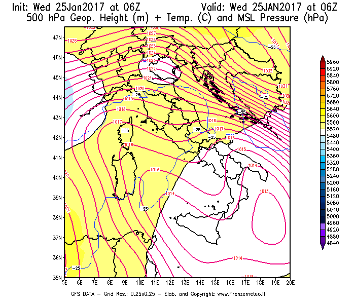 Mappa di analisi GFS - Geopotenziale [m] + Temp. [°C] a 500 hPa + Press. a livello del mare [hPa] in Italia
							del 25/01/2017 06 <!--googleoff: index-->UTC<!--googleon: index-->