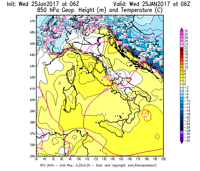 Mappa di analisi GFS - Geopotenziale [m] e Temperatura [°C] a 850 hPa in Italia
							del 25/01/2017 06 <!--googleoff: index-->UTC<!--googleon: index-->