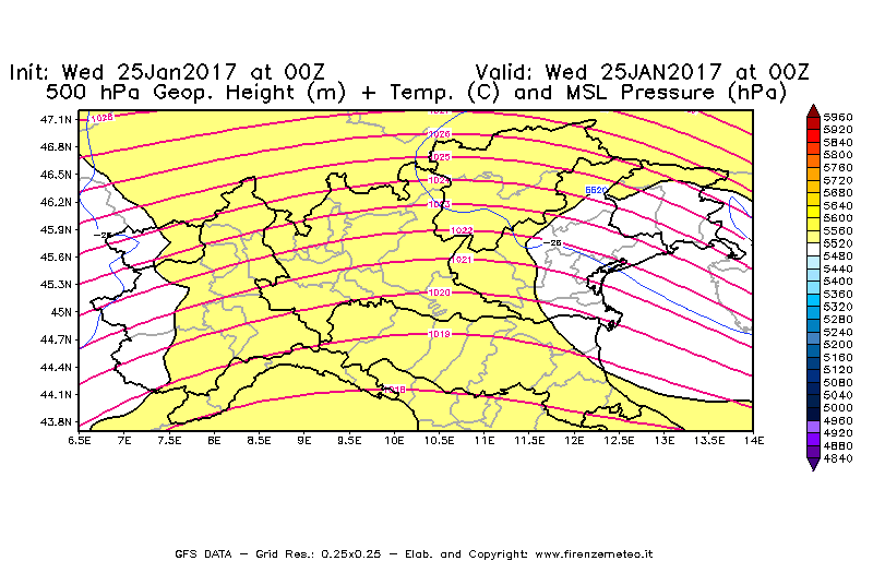 Mappa di analisi GFS - Geopotenziale [m] + Temp. [°C] a 500 hPa + Press. a livello del mare [hPa] in Nord-Italia
							del 25/01/2017 00 <!--googleoff: index-->UTC<!--googleon: index-->