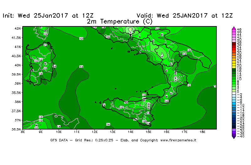 Mappa di analisi GFS - Temperatura a 2 metri dal suolo [°C] in Sud-Italia
							del 25/01/2017 12 <!--googleoff: index-->UTC<!--googleon: index-->