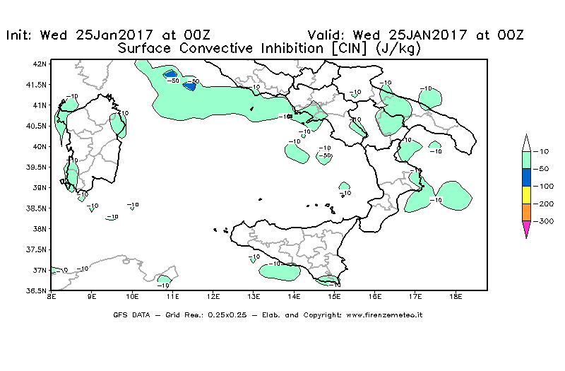 Mappa di analisi GFS - CIN [J/kg] in Sud-Italia
							del 25/01/2017 00 <!--googleoff: index-->UTC<!--googleon: index-->
