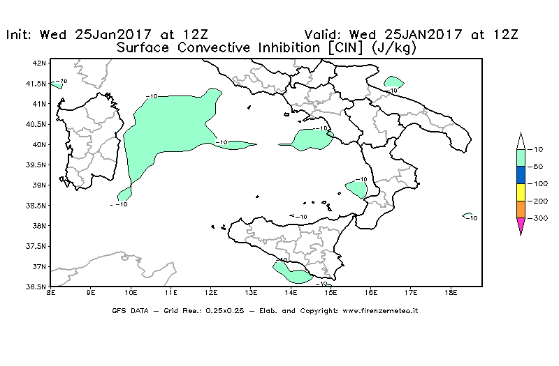 Mappa di analisi GFS - CIN [J/kg] in Sud-Italia
							del 25/01/2017 12 <!--googleoff: index-->UTC<!--googleon: index-->