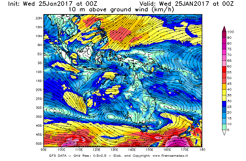 Mappa di analisi GFS - Velocità del vento a 10 metri dal suolo [km/h] in Oceania
							del 25/01/2017 00 <!--googleoff: index-->UTC<!--googleon: index-->