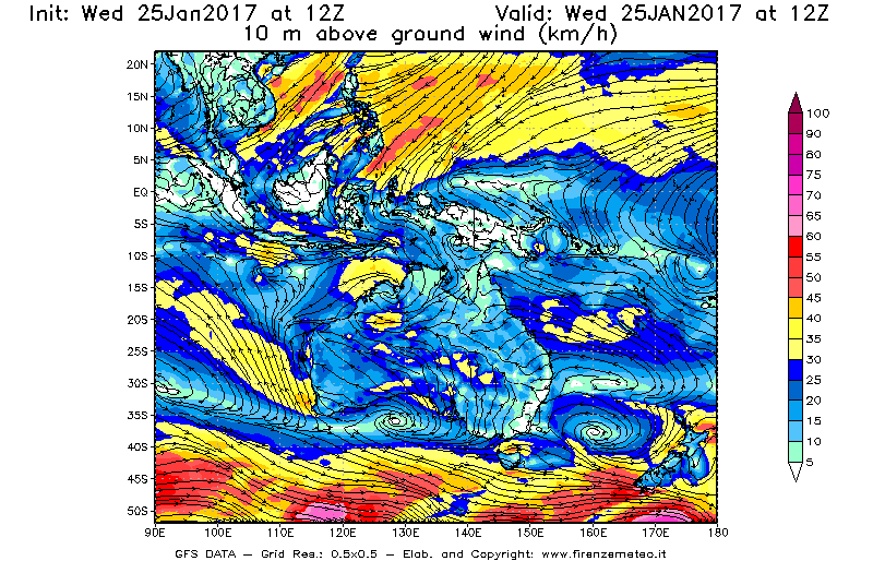Mappa di analisi GFS - Velocità del vento a 10 metri dal suolo [km/h] in Oceania
							del 25/01/2017 12 <!--googleoff: index-->UTC<!--googleon: index-->