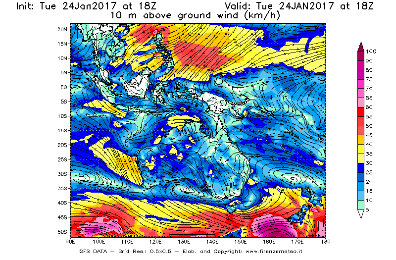 Mappa di analisi GFS - Velocità del vento a 10 metri dal suolo [km/h] in Oceania
							del 25/01/2017 18 <!--googleoff: index-->UTC<!--googleon: index-->