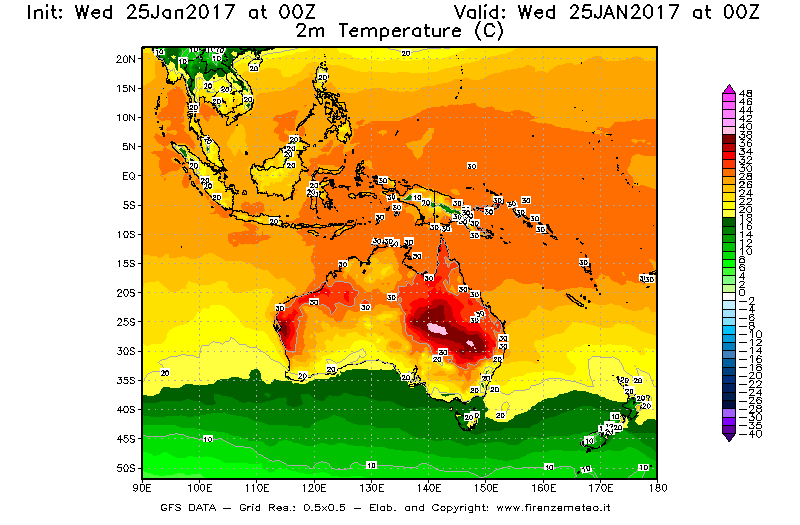 Mappa di analisi GFS - Temperatura a 2 metri dal suolo [°C] in Oceania
							del 25/01/2017 00 <!--googleoff: index-->UTC<!--googleon: index-->