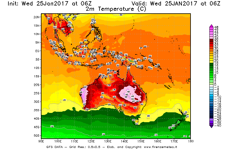 Mappa di analisi GFS - Temperatura a 2 metri dal suolo [°C] in Oceania
							del 25/01/2017 06 <!--googleoff: index-->UTC<!--googleon: index-->