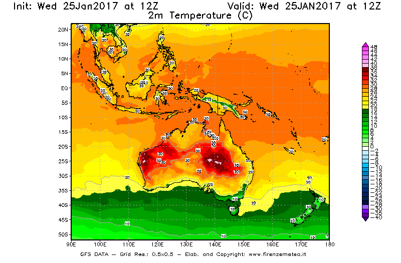 Mappa di analisi GFS - Temperatura a 2 metri dal suolo [°C] in Oceania
							del 25/01/2017 12 <!--googleoff: index-->UTC<!--googleon: index-->