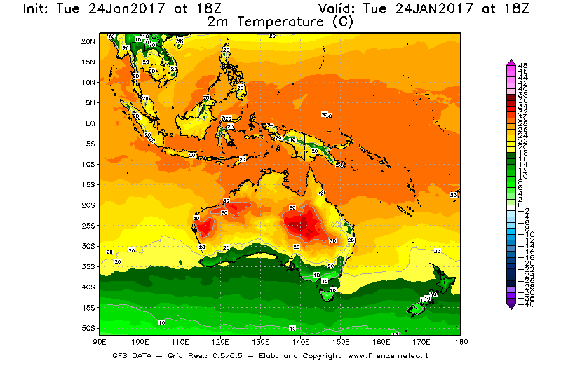 Mappa di analisi GFS - Temperatura a 2 metri dal suolo [°C] in Oceania
							del 25/01/2017 18 <!--googleoff: index-->UTC<!--googleon: index-->