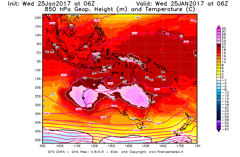 Mappa di analisi GFS - Geopotenziale [m] e Temperatura [°C] a 850 hPa in Oceania
							del 25/01/2017 06 <!--googleoff: index-->UTC<!--googleon: index-->