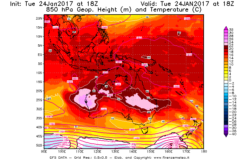 Mappa di analisi GFS - Geopotenziale [m] e Temperatura [°C] a 850 hPa in Oceania
							del 25/01/2017 18 <!--googleoff: index-->UTC<!--googleon: index-->