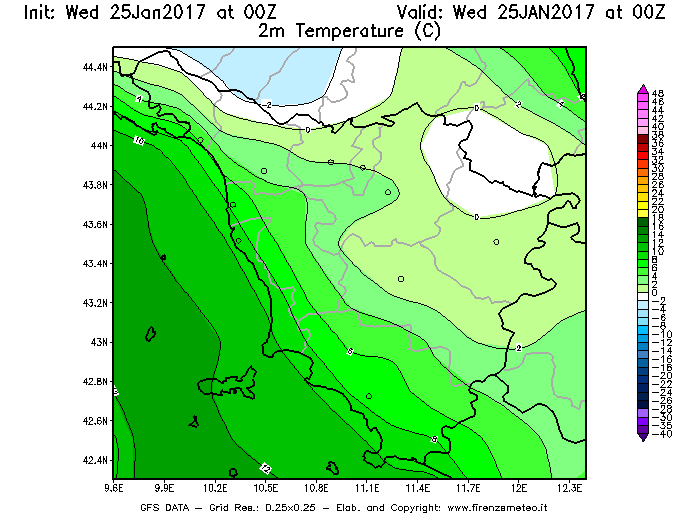 Mappa di analisi GFS - Temperatura a 2 metri dal suolo [°C] in Toscana
							del 25/01/2017 00 <!--googleoff: index-->UTC<!--googleon: index-->
