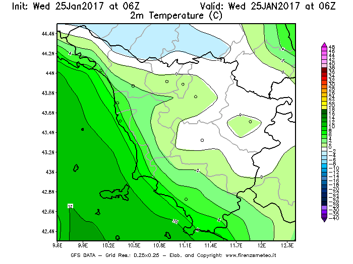 Mappa di analisi GFS - Temperatura a 2 metri dal suolo [°C] in Toscana
							del 25/01/2017 06 <!--googleoff: index-->UTC<!--googleon: index-->