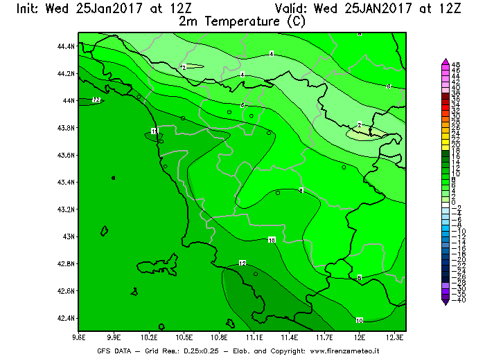 Mappa di analisi GFS - Temperatura a 2 metri dal suolo [°C] in Toscana
							del 25/01/2017 12 <!--googleoff: index-->UTC<!--googleon: index-->