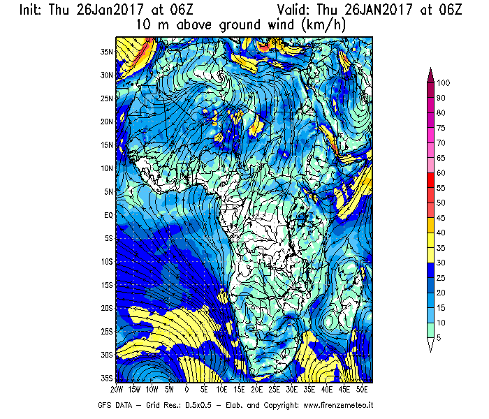 Mappa di analisi GFS - Velocità del vento a 10 metri dal suolo [km/h] in Africa
									del 26/01/2017 06 <!--googleoff: index-->UTC<!--googleon: index-->