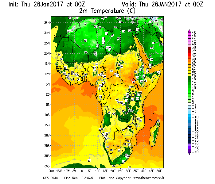Mappa di analisi GFS - Temperatura a 2 metri dal suolo [°C] in Africa
									del 26/01/2017 00 <!--googleoff: index-->UTC<!--googleon: index-->