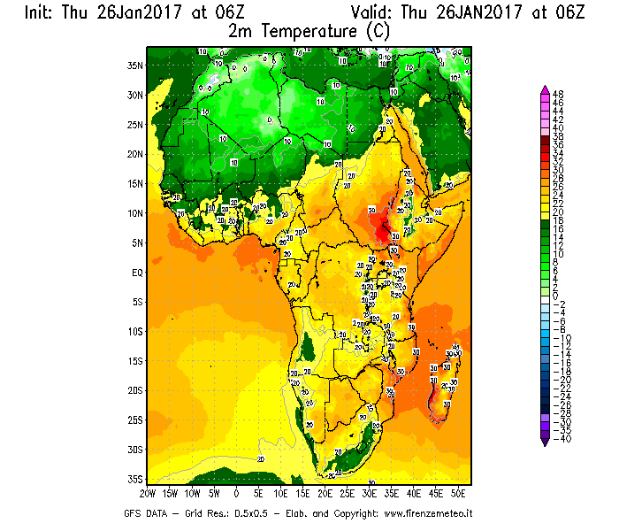 Mappa di analisi GFS - Temperatura a 2 metri dal suolo [°C] in Africa
									del 26/01/2017 06 <!--googleoff: index-->UTC<!--googleon: index-->