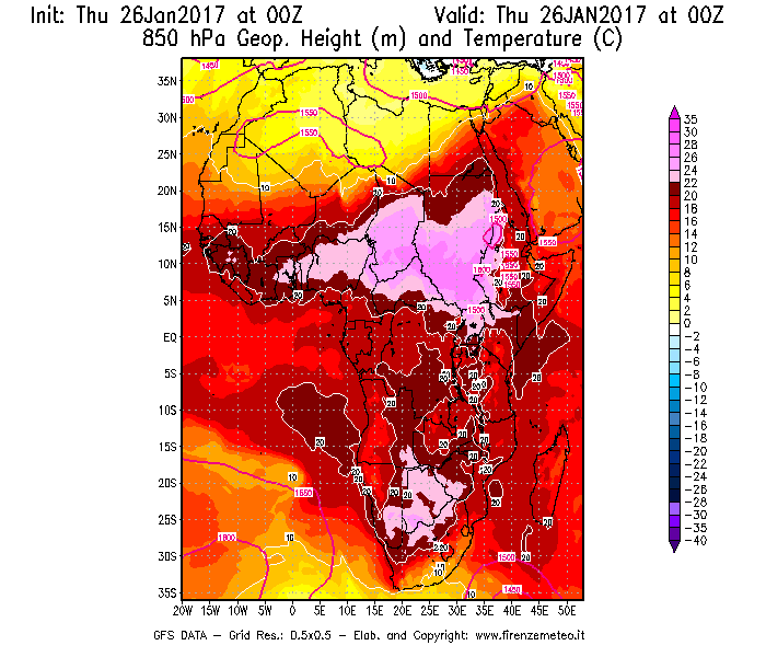 Mappa di analisi GFS - Geopotenziale [m] e Temperatura [°C] a 850 hPa in Africa
									del 26/01/2017 00 <!--googleoff: index-->UTC<!--googleon: index-->