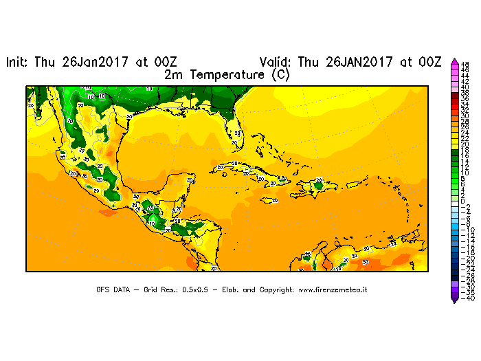 Mappa di analisi GFS - Temperatura a 2 metri dal suolo [°C] in Centro-America
									del 26/01/2017 00 <!--googleoff: index-->UTC<!--googleon: index-->