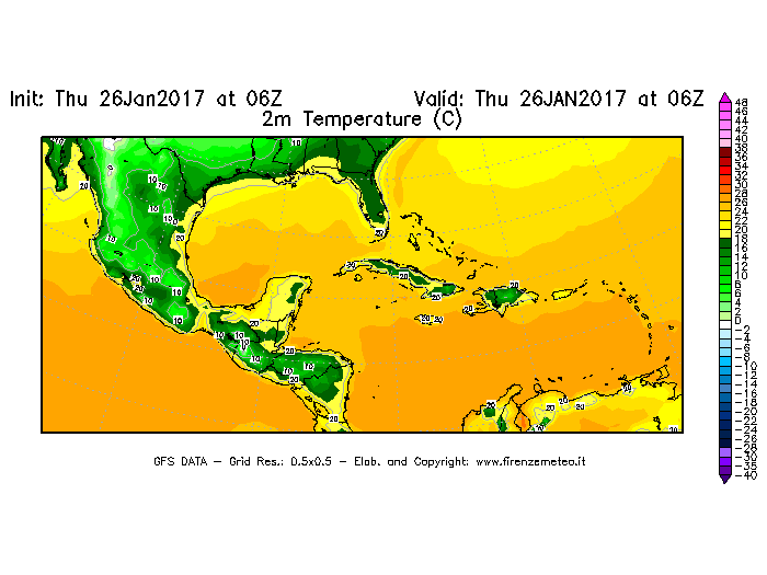 Mappa di analisi GFS - Temperatura a 2 metri dal suolo [°C] in Centro-America
									del 26/01/2017 06 <!--googleoff: index-->UTC<!--googleon: index-->