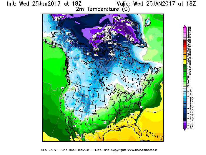 Mappa di analisi GFS - Temperatura a 2 metri dal suolo [°C] in Nord-America
									del 26/01/2017 18 <!--googleoff: index-->UTC<!--googleon: index-->