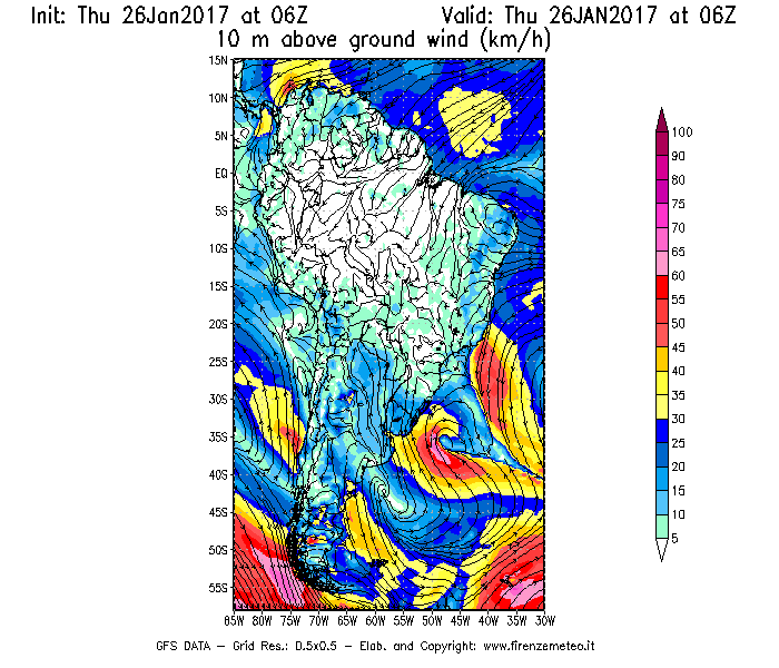 Mappa di analisi GFS - Velocità del vento a 10 metri dal suolo [km/h] in Sud-America
									del 26/01/2017 06 <!--googleoff: index-->UTC<!--googleon: index-->