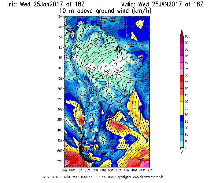 Mappa di analisi GFS - Velocità del vento a 10 metri dal suolo [km/h] in Sud-America
									del 26/01/2017 18 <!--googleoff: index-->UTC<!--googleon: index-->