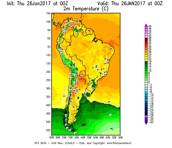 Mappa di analisi GFS - Temperatura a 2 metri dal suolo [°C] in Sud-America
									del 26/01/2017 00 <!--googleoff: index-->UTC<!--googleon: index-->