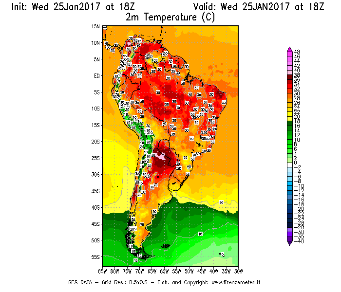 Mappa di analisi GFS - Temperatura a 2 metri dal suolo [°C] in Sud-America
									del 26/01/2017 18 <!--googleoff: index-->UTC<!--googleon: index-->