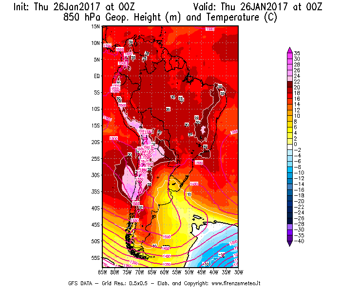 Mappa di analisi GFS - Geopotenziale [m] e Temperatura [°C] a 850 hPa in Sud-America
									del 26/01/2017 00 <!--googleoff: index-->UTC<!--googleon: index-->
