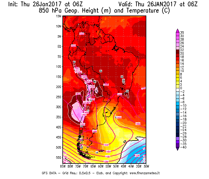 Mappa di analisi GFS - Geopotenziale [m] e Temperatura [°C] a 850 hPa in Sud-America
									del 26/01/2017 06 <!--googleoff: index-->UTC<!--googleon: index-->