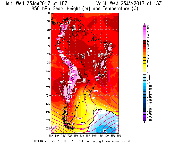 Mappa di analisi GFS - Geopotenziale [m] e Temperatura [°C] a 850 hPa in Sud-America
									del 26/01/2017 18 <!--googleoff: index-->UTC<!--googleon: index-->
